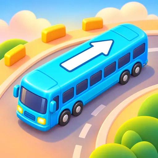 The Bus Escape app icon: a blue bus with a white arrow on its roof, driving along a curved road